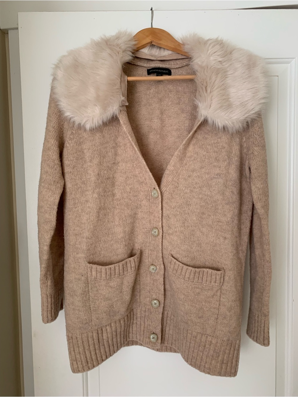 Banana Republic Beige Faux-Fur Collar Wool-Blend Cardigan